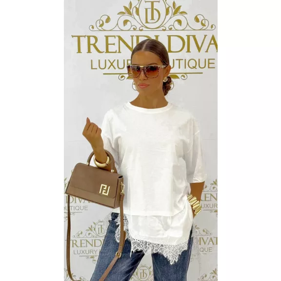 Women's T-shirt "TY-539#" loose fit with lace bottom - White