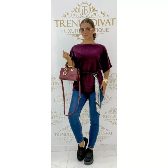 Women's bat sleeve knitted top with gift belt "FL251" - Burgundy