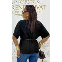   Women's bat sleeve knitted top with gift belt "FL251" - Black
