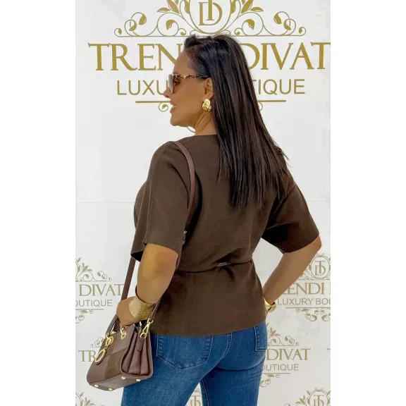 Women's bat sleeve knitted top with gift belt "FL251" - Mid Brown