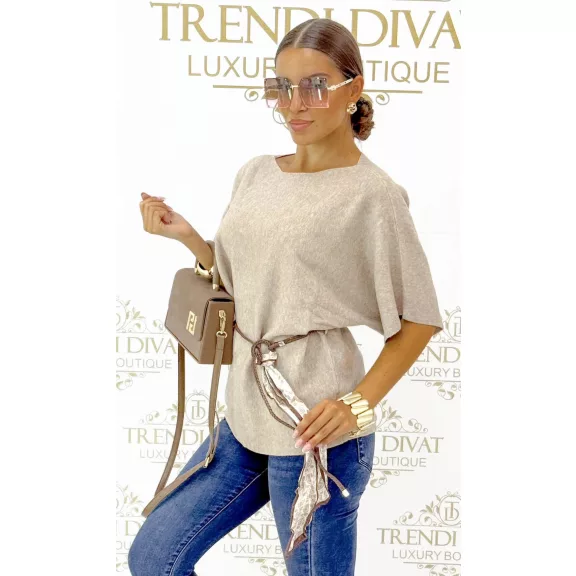 Women's bat sleeve knitted top with gift belt "FL251" - Mid Brown