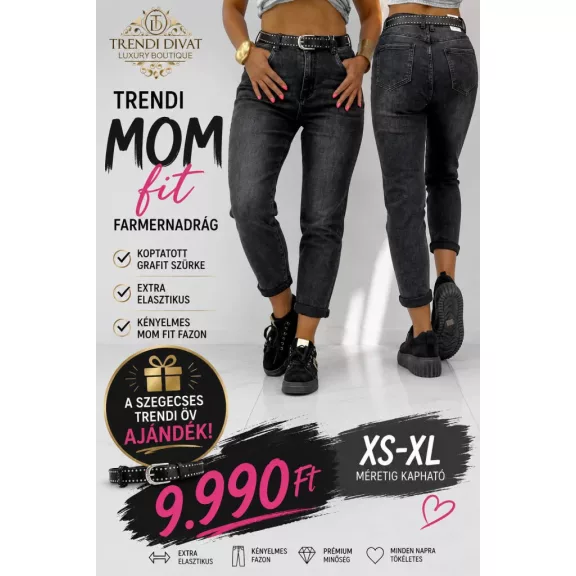 Worn black mom fit women's jeans with studded belt "BF5567-B" - L