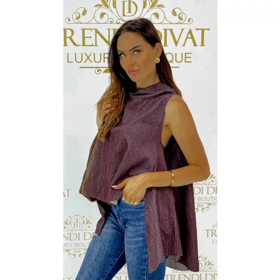 Hair-striped, sleeveless asymmetric women's top - Burgundy