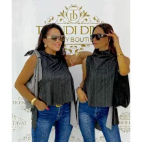 Hair-striped, sleeveless asymmetric women's top - Black