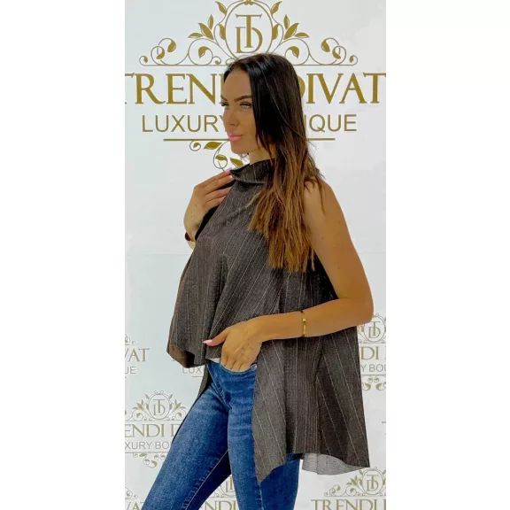 Hair-striped, sleeveless asymmetric women's top - Dark Brown