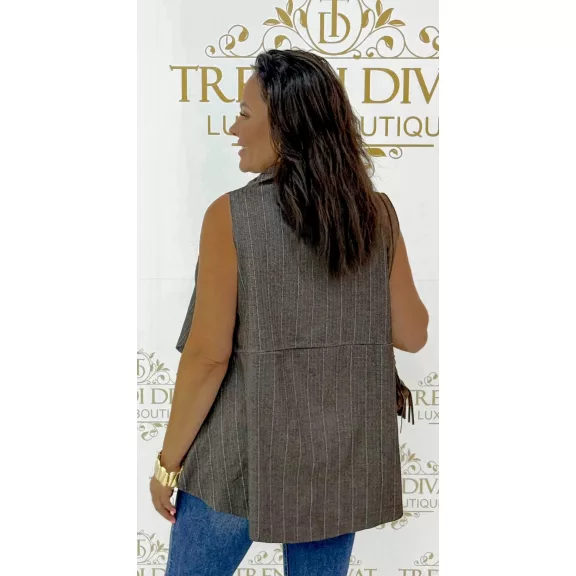 Hair-striped, sleeveless asymmetric women's top - Dark Brown
