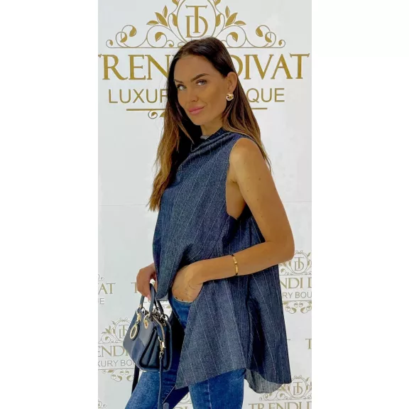 Hair-striped, sleeveless asymmetric women's top - Dark Blue