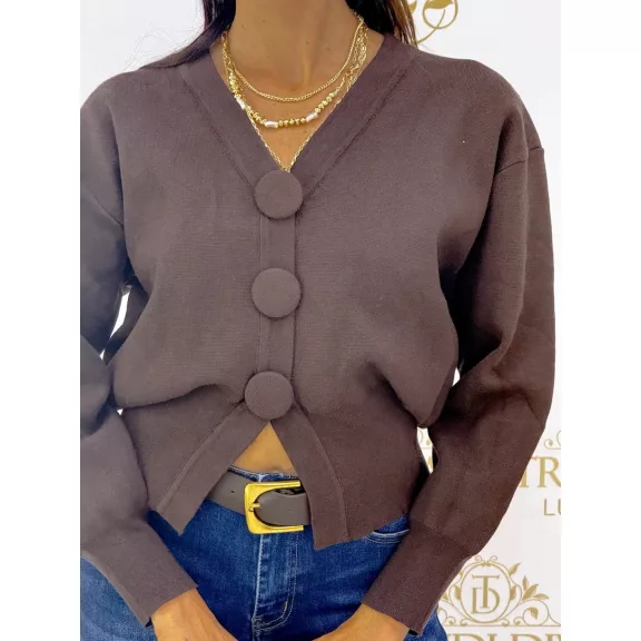 Women's V-neck knitted sweater with large decorative buttons "PE305#" - Chocolate