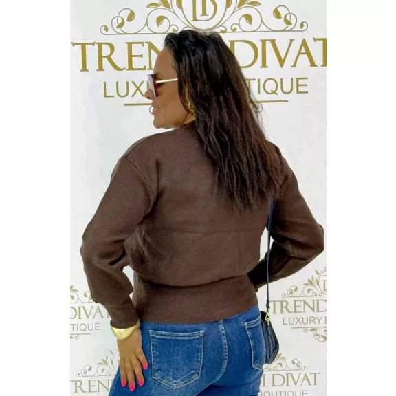 Women's V-neck knitted sweater with large decorative buttons "PE305#" - Chocolate