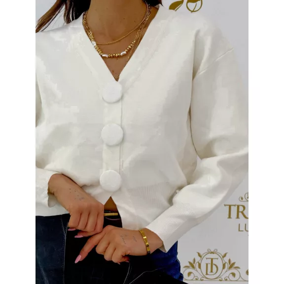 Women's V-neck knitted sweater with large decorative buttons "PE305#" - White