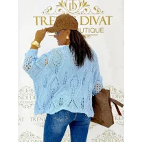   Loose knitted women's sweater with openwork bat sleeves - Baby Pink