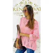   Loose knitted women's sweater with openwork bat sleeves - Baby Pink