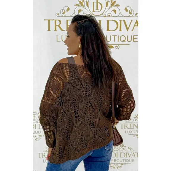 Loose knitted women's sweater with openwork bat sleeves - Khaki