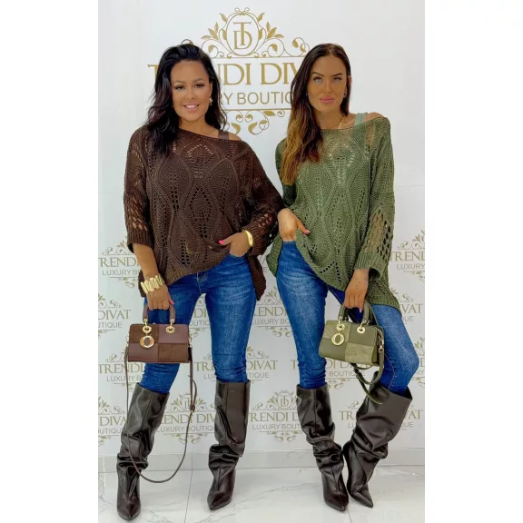Loose knitted women's sweater with openwork bat sleeves - Khaki