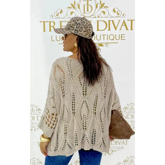 Loose knitted women's sweater with openwork bat sleeves - Mid Brown