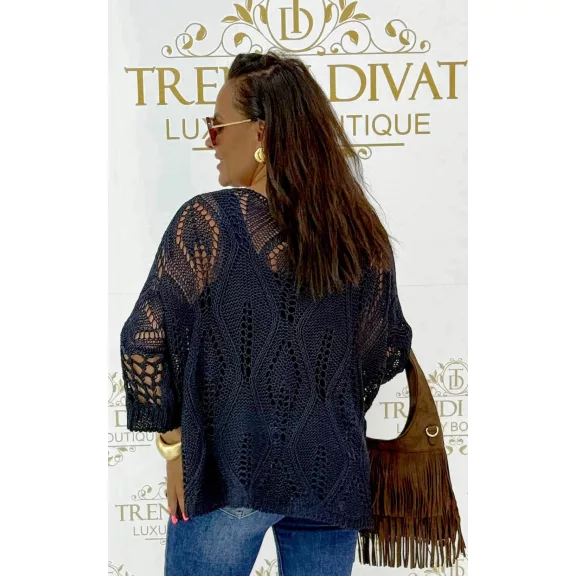 Loose knitted women's sweater with openwork bat sleeves - Dark Blue