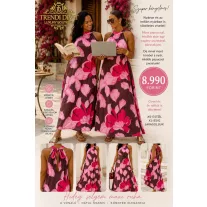   Nyakánál masnira köthető, hideg selyem hatású, rózsaszín virág mintázatú maxi ruha - Pink
