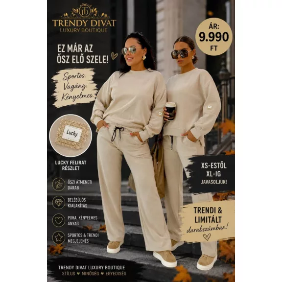Women's warm set with loose legs decorated with "Lucky" appliqué - Beige