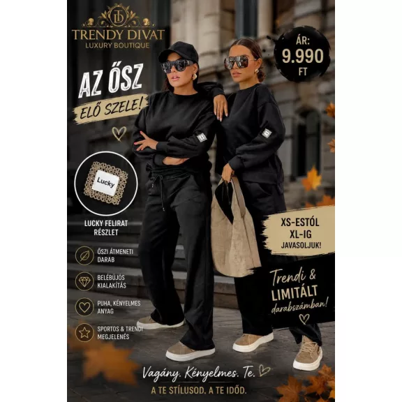 Women's warm set with loose legs decorated with "Lucky" appliqué - Black