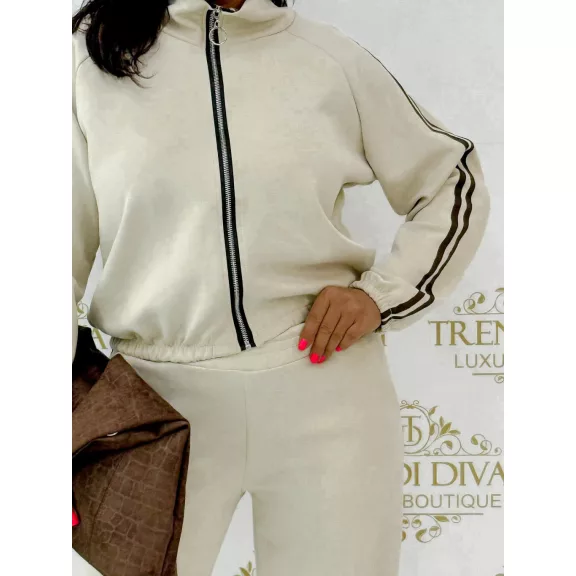 Side-striped women's warm-up set - two-piece leisure set with zipper - Beige