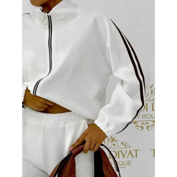 Side-striped women's warm-up set - two-piece leisure set with zipper - White