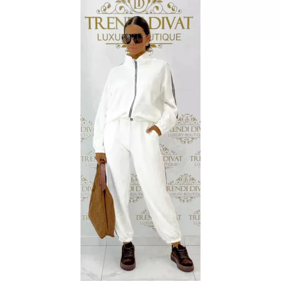Side-striped women's warm-up set - two-piece leisure set with zipper - White