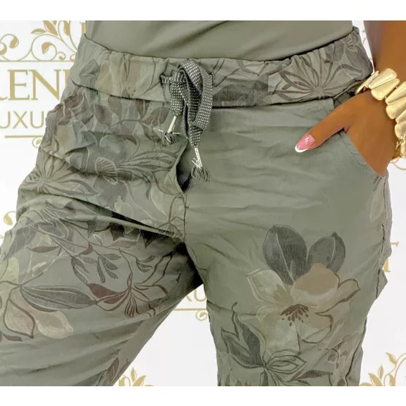 Floral patterned women's pants - Elastic waist stretch pants - Khaki