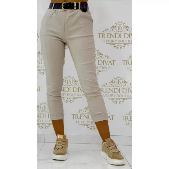 Elegáns öves női vászonnadrág – Boka feletti sztreccs nadrág - Bézs - S Elegáns öves női vászonnadrág – Boka feletti sztreccs nadrág - Bézs - S