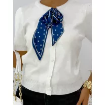   Polka Dot Shawl Women's Fine Knit Top - Buttoned Short Sleeve Sweater "W162#" - Beige