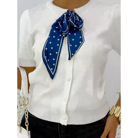 Polka Dot Shawl Women's Fine Knit Top - Buttoned Short Sleeve Sweater "W162#" - Beige