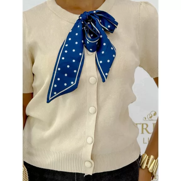 Polka Dot Shawl Women's Fine Knit Top - Buttoned Short Sleeve Sweater "W162#" - Beige
