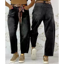   High Waist Women's Balloon Jeans with Belt - Distressed Black Casual Pants "BG1721-B" - S