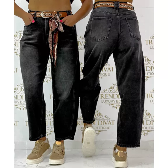 High Waist Women's Balloon Jeans with Belt - Distressed Black Casual Pants "BG1721-B" - L