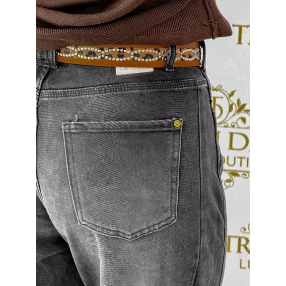 High Waist Women's Balloon Jeans with Belt - Distressed Black Casual Pants "BG1721-B" - L