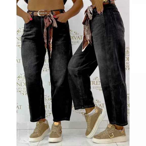 High Waist Women's Balloon Jeans with Belt - Distressed Black Casual Pants "BG1721-B" - L