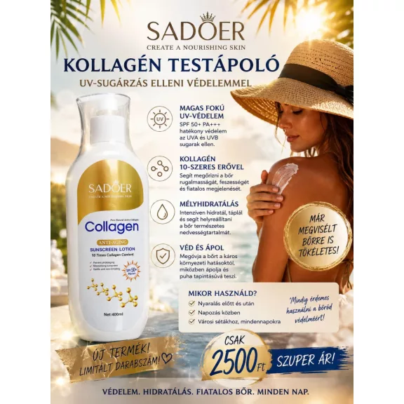 SADOER Kollagénes Öregedésgátló Naptej SPF 50+ 400 ml SADOER Kollagénes Öregedésgátló Naptej SPF 50+ 400 ml