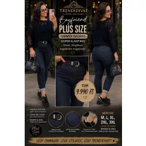   Plus size stretchy dark blue slim jeans with rolled up legs - With belt "M1376" - L