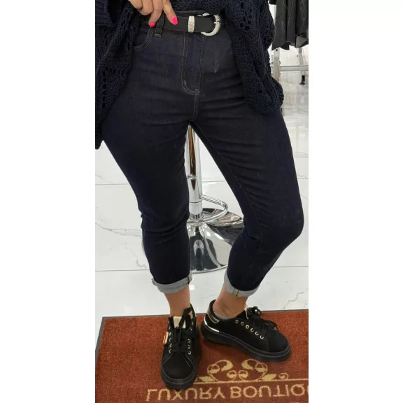 Plus size stretchy dark blue slim jeans with rolled up legs - With belt "M1376" - L