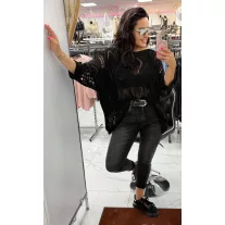   Plus Size Distressed Black High Waist Women's Jeans With Studded Belt "M1382-B" - 3XL