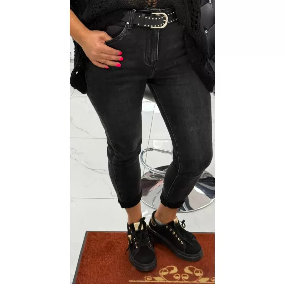 Plus Size Distressed Black High Waist Women's Jeans With Studded Belt "M1382-B" - 3XL