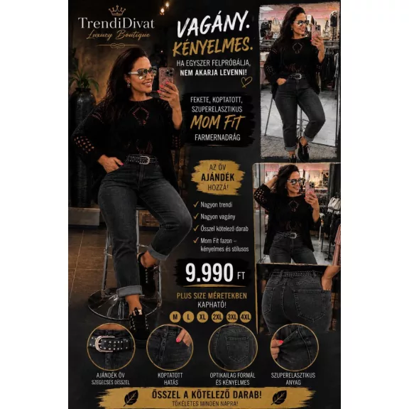 Plus Size Distressed Black High Waist Women's Jeans With Studded Belt "M1382-B" - 3XL