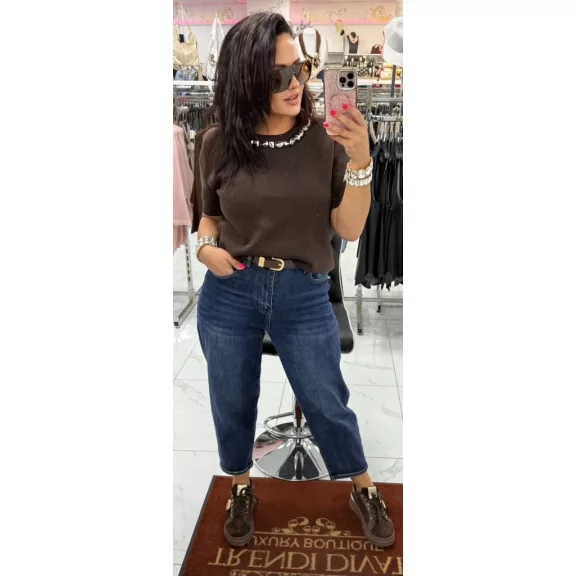 Plus size high waist mid blue women's mom fit jeans with brown belt "MK201-1" - 3XL