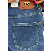   Plus size high waist mid blue women's mom fit jeans with brown belt "MK201-1" - 4XL