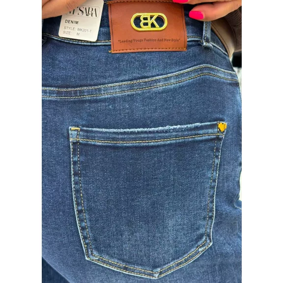 Plus size high waist mid blue women's mom fit jeans with brown belt "MK201-1" - 3XL