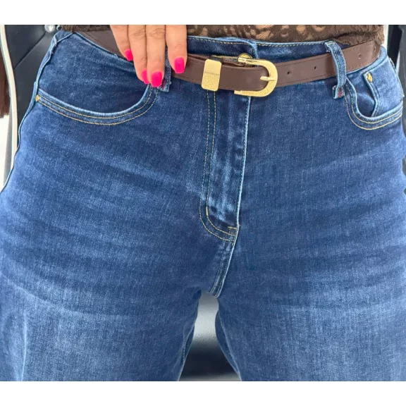 Plus size high waist mid blue women's mom fit jeans with brown belt "MK201-1" - 3XL