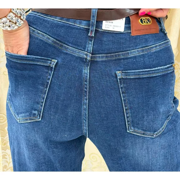 Plus size high waist mid blue women's mom fit jeans with brown belt "MK201-1" - 3XL