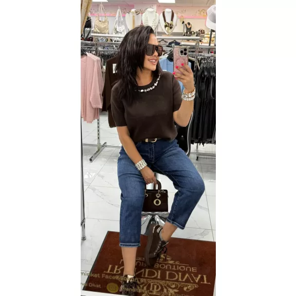 Plus size high waist mid blue women's mom fit jeans with brown belt "MK201-1" - 3XL