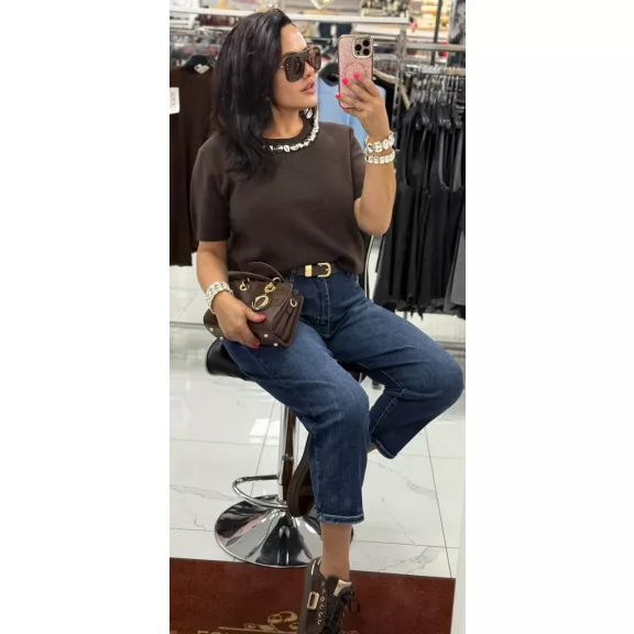 Plus size high waist mid blue women's mom fit jeans with brown belt "MK201-1" - 3XL