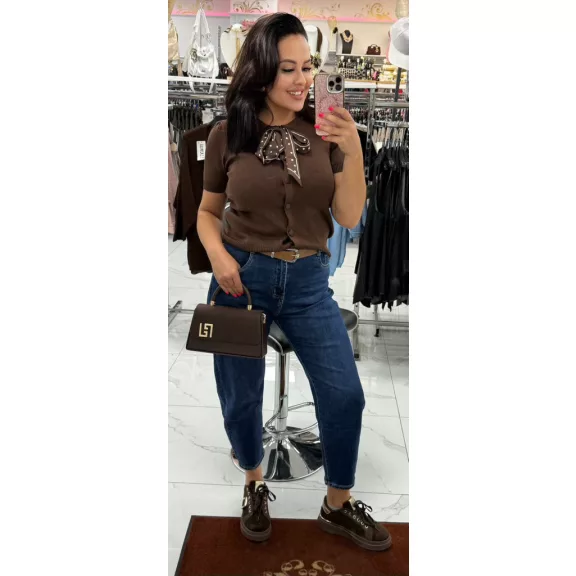 Plus size high waist dark blue women's balloon fit jeans with brown belt "MK281" - 3XL