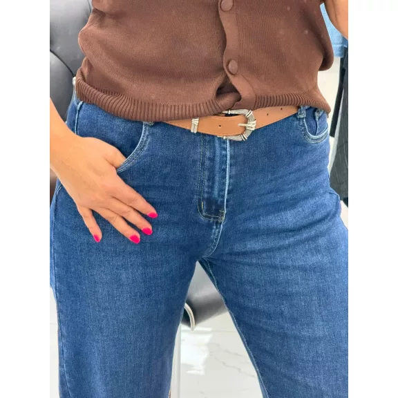Plus size high waist dark blue women's balloon fit jeans with brown belt "MK281" - 3XL